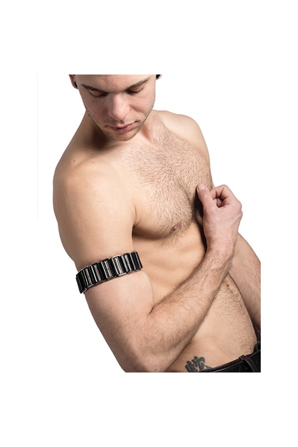 Övek és karpántok / Mister B Bőr fekete láncolt bicepszpánt patenttal